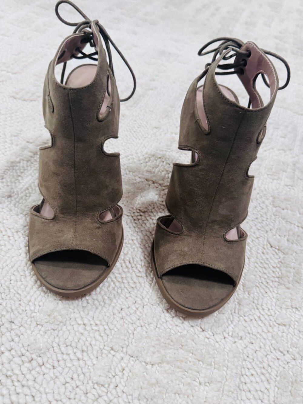 Suede open toe tie up boots